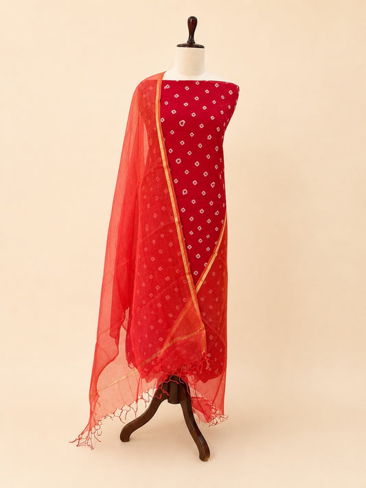 Komala Red and Rani Pink ombre silk Kota Bandhani unstitched suit set by Aura