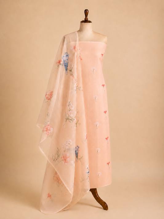 Blush Peach pure organza unstitched suit set by Aura