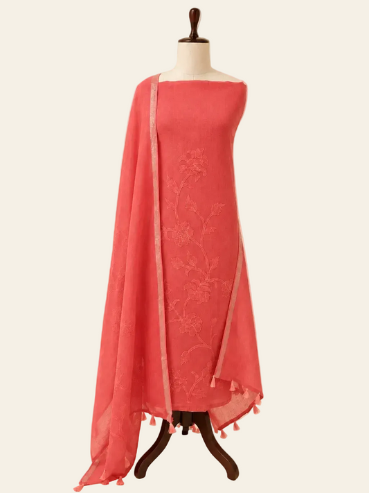 Lila Coral linen applique unstitched suit set by Aura