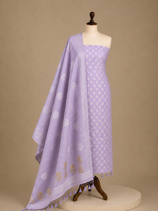 Chandrakala Lavender Mist Banaras Mul cotton unstitched suit set by Aura