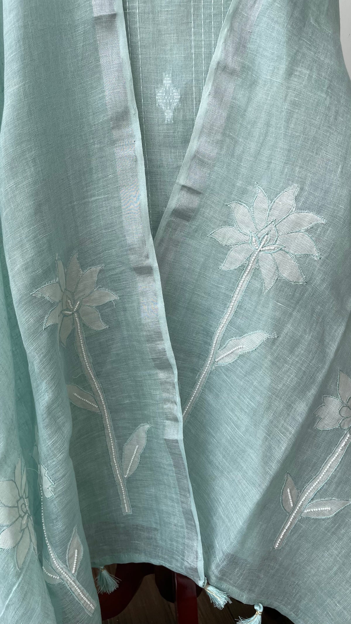 Lila — Seafoam Green Linen Appliqué Unstitched Suit Set