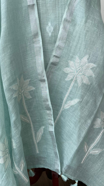 Lila — Seafoam Green Linen Appliqué Unstitched Suit Set