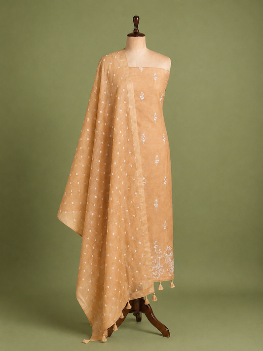 Chandrakala Beige Mul Chanderi Bandhani unstitched suit set by Aura