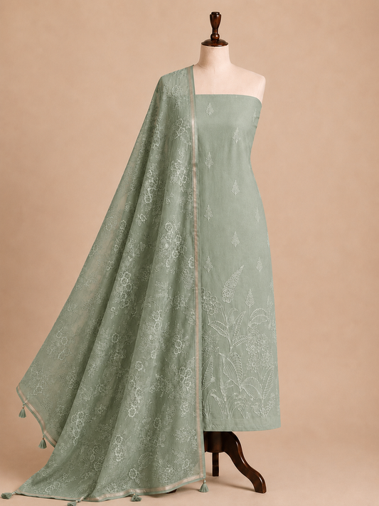 Chandrakala Sage Green embroidered Mul Chanderi unstitched suit set by Aura