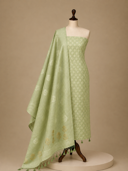 Chandrakala Pistachio Green Banaras Mul cotton unstitched suit set by Aura