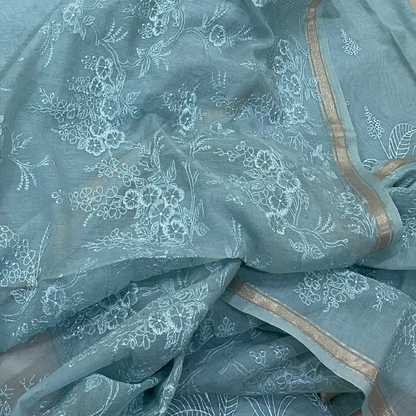 Chandrakala – Powder Aqua Mul Chanderi Unstitched Suit Set