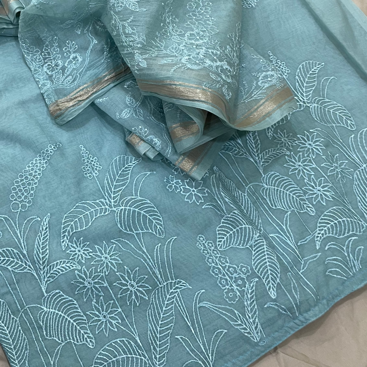 Chandrakala – Powder Aqua Mul Chanderi Unstitched Suit Set