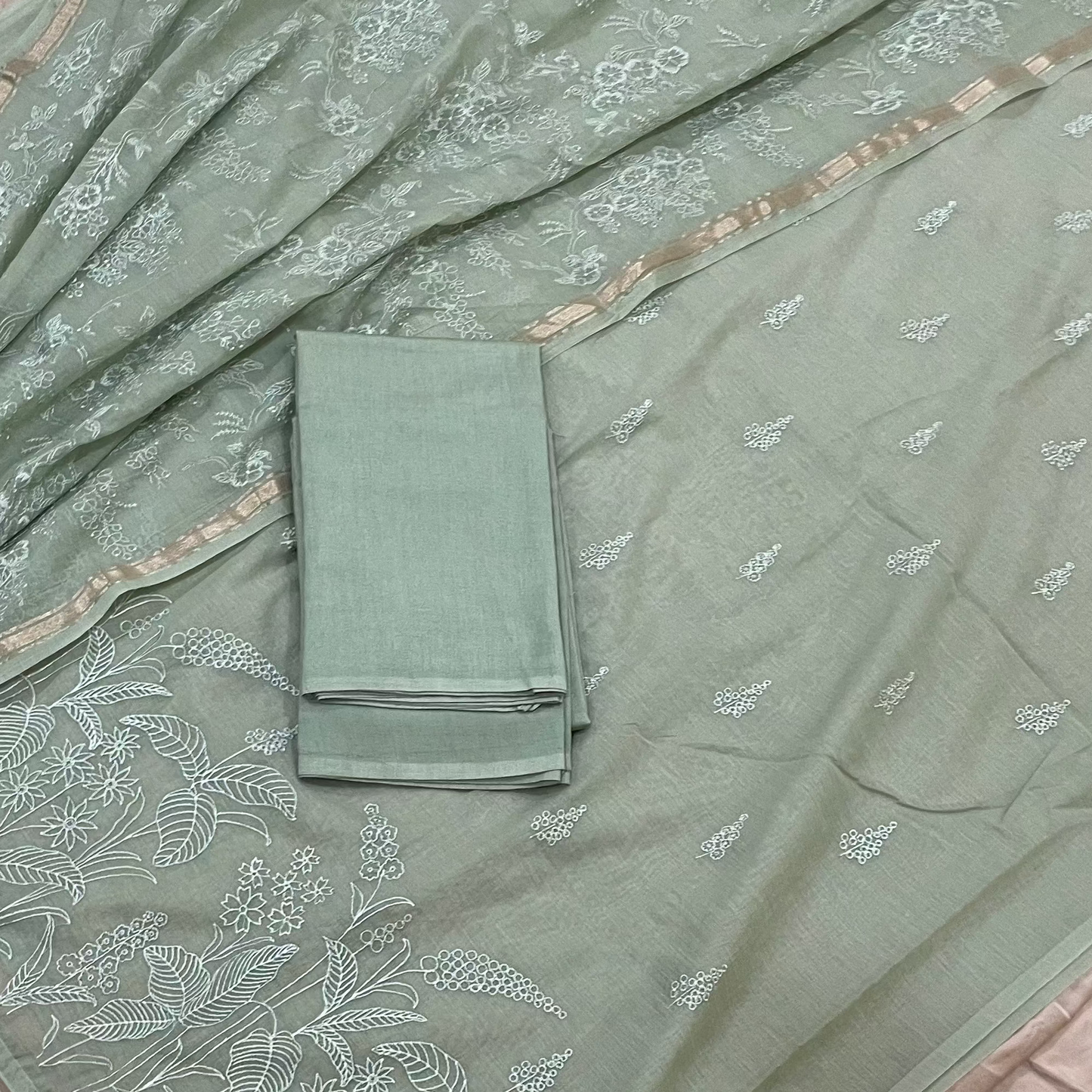 Chandrakala – Sage Green Mul Chanderi Unstitched Suit Set