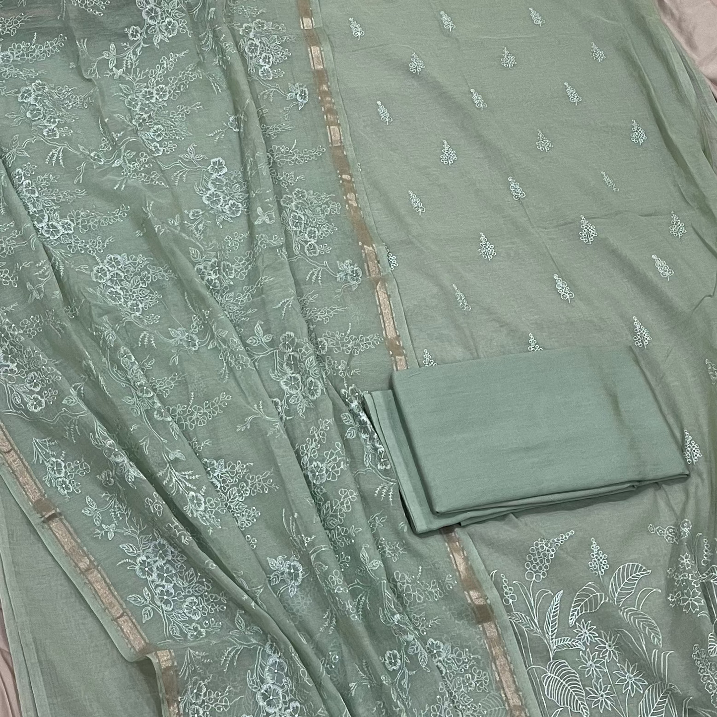 Chandrakala – Sage Green Mul Chanderi Unstitched Suit Set