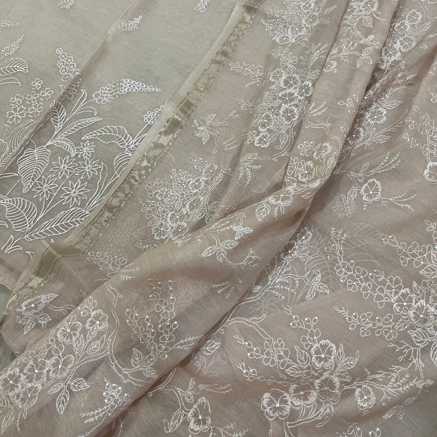 Chandrakala – Champagne Beige Mul Chanderi Unstitched Suit Set