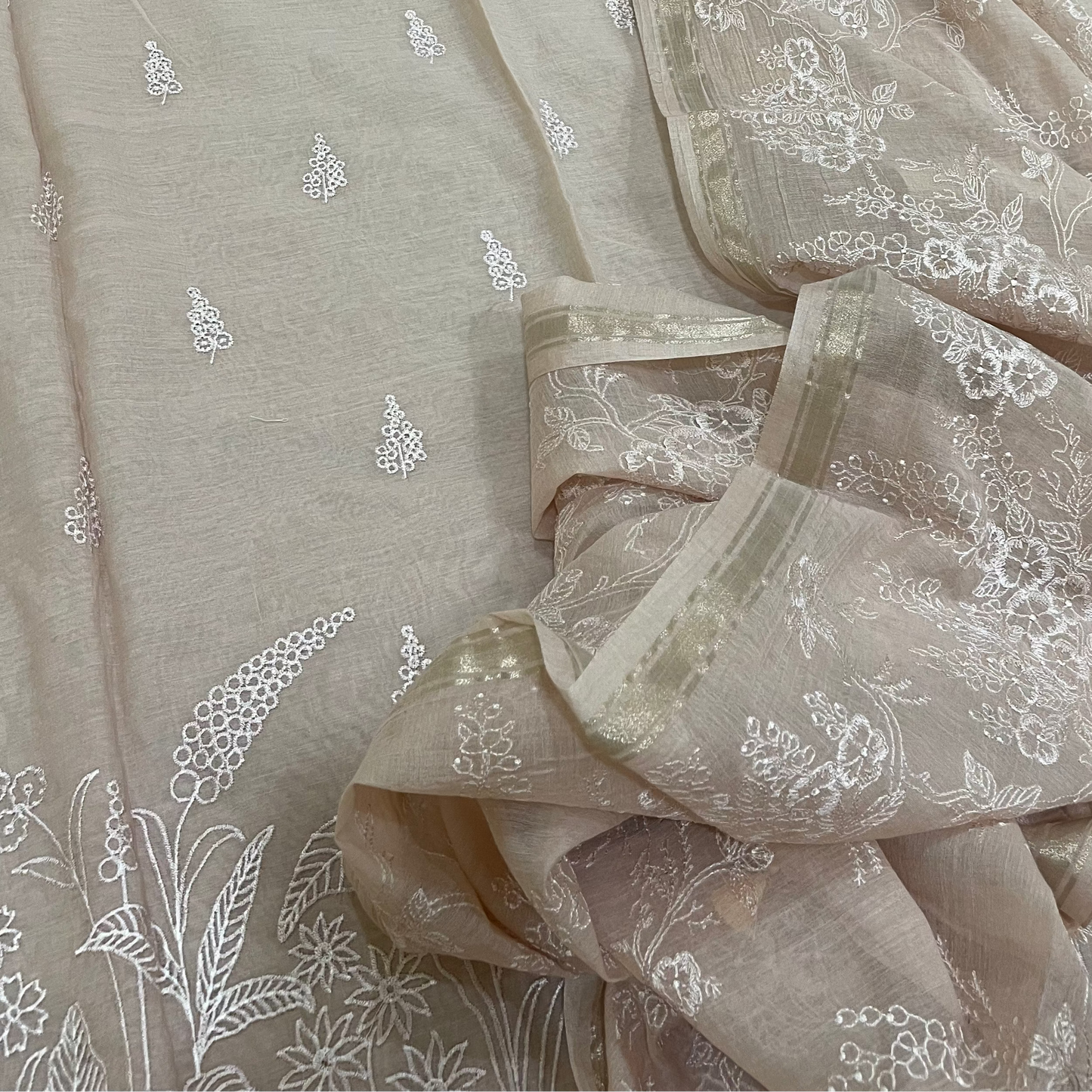 Chandrakala – Champagne Beige Mul Chanderi Unstitched Suit Set