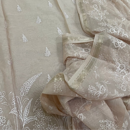 Chandrakala – Champagne Beige Mul Chanderi Unstitched Suit Set