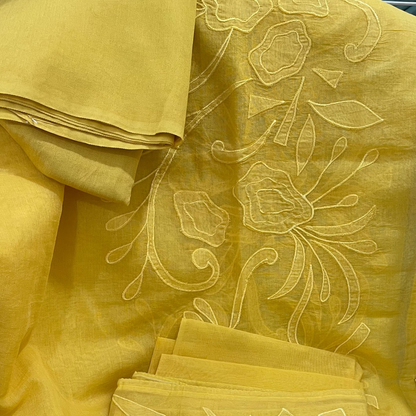 Chandrakala – Yellow Mul Chanderi Applique Unstitched Suit Set