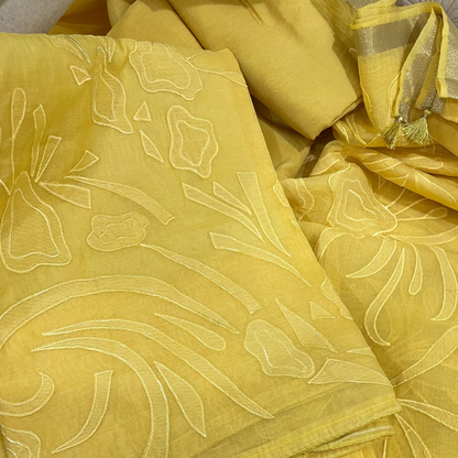 Chandrakala – Yellow Mul Chanderi Applique Unstitched Suit Set