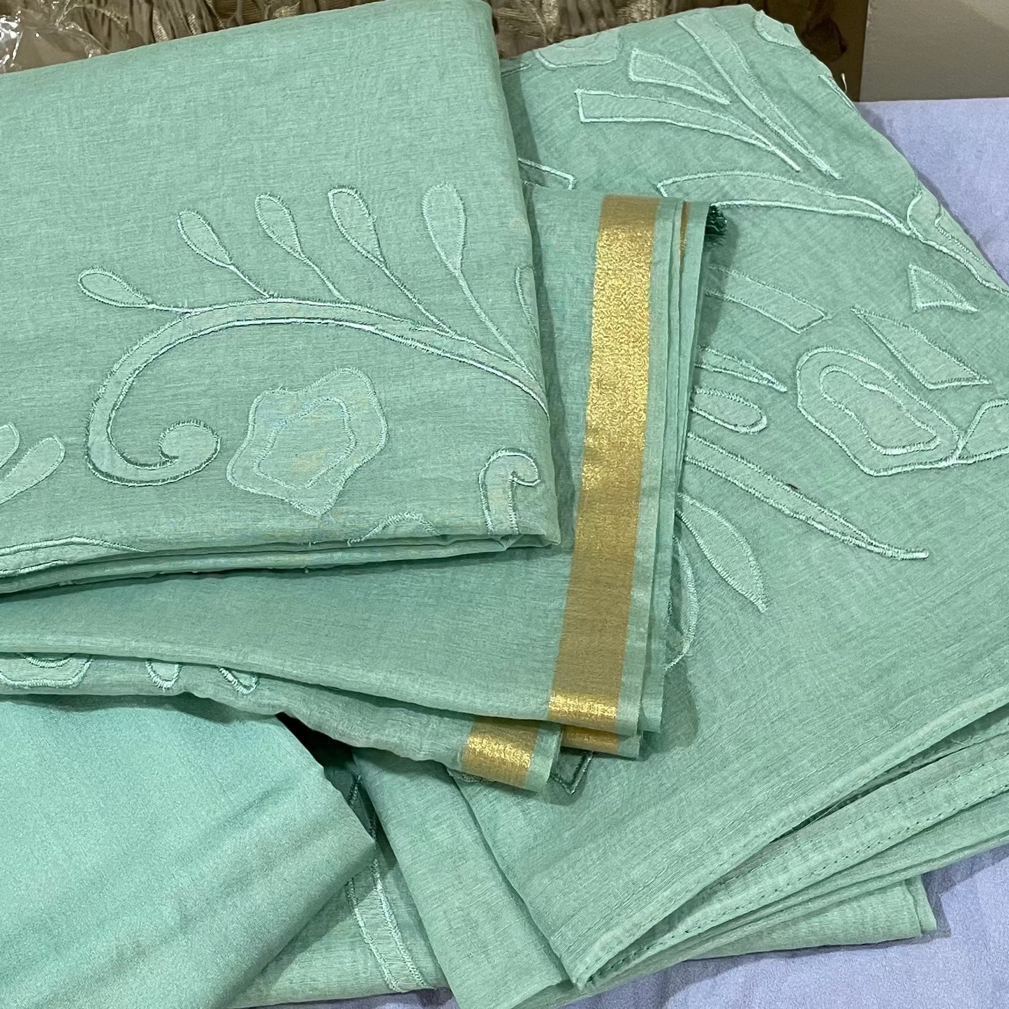 Chandrakala – Seafoam Green Mul Chanderi Appliqué Unstitched Suit Set