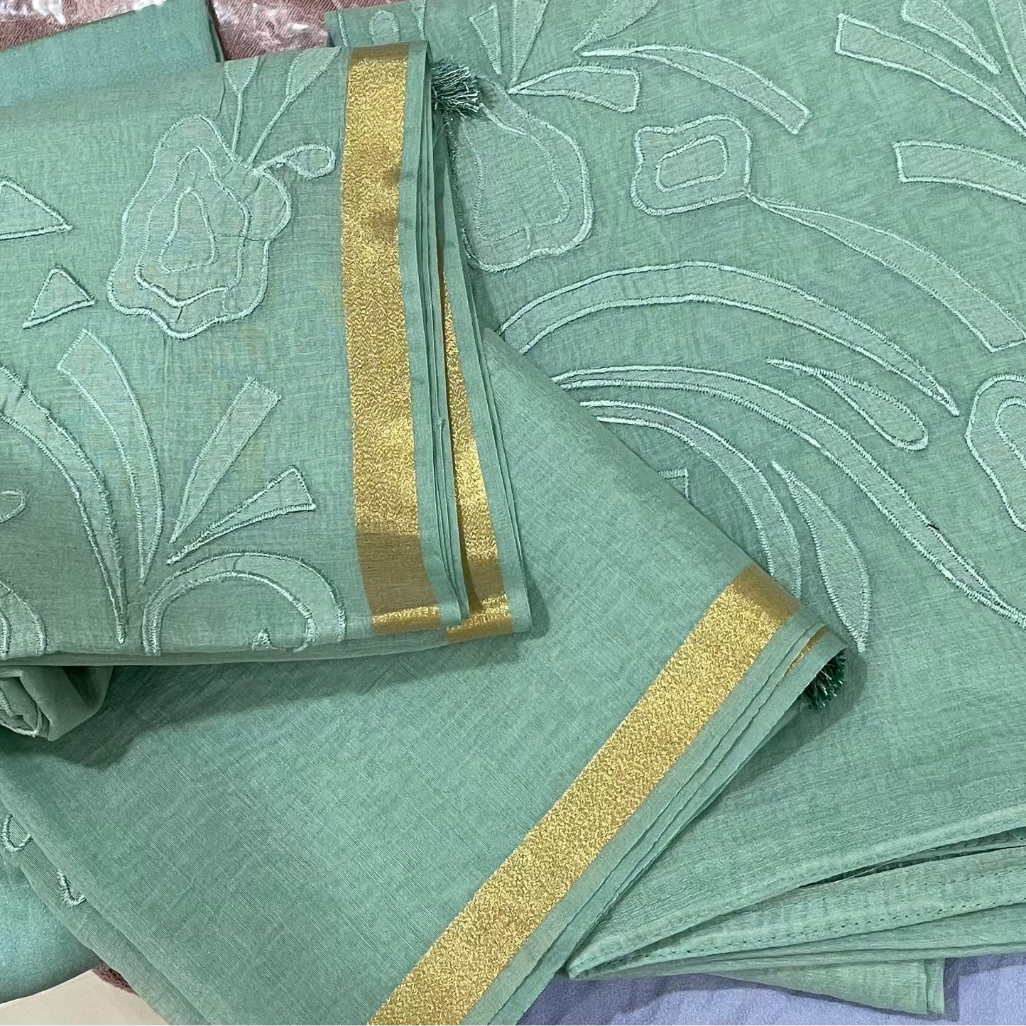 Chandrakala – Seafoam Green Mul Chanderi Appliqué Unstitched Suit Set