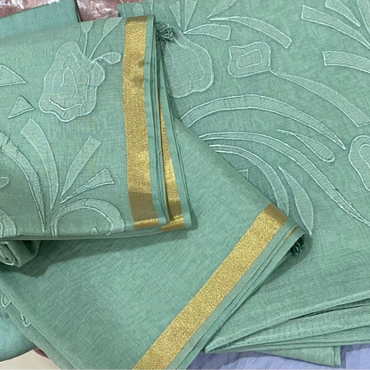 Chandrakala – Seafoam Green Mul Chanderi Appliqué Unstitched Suit Set