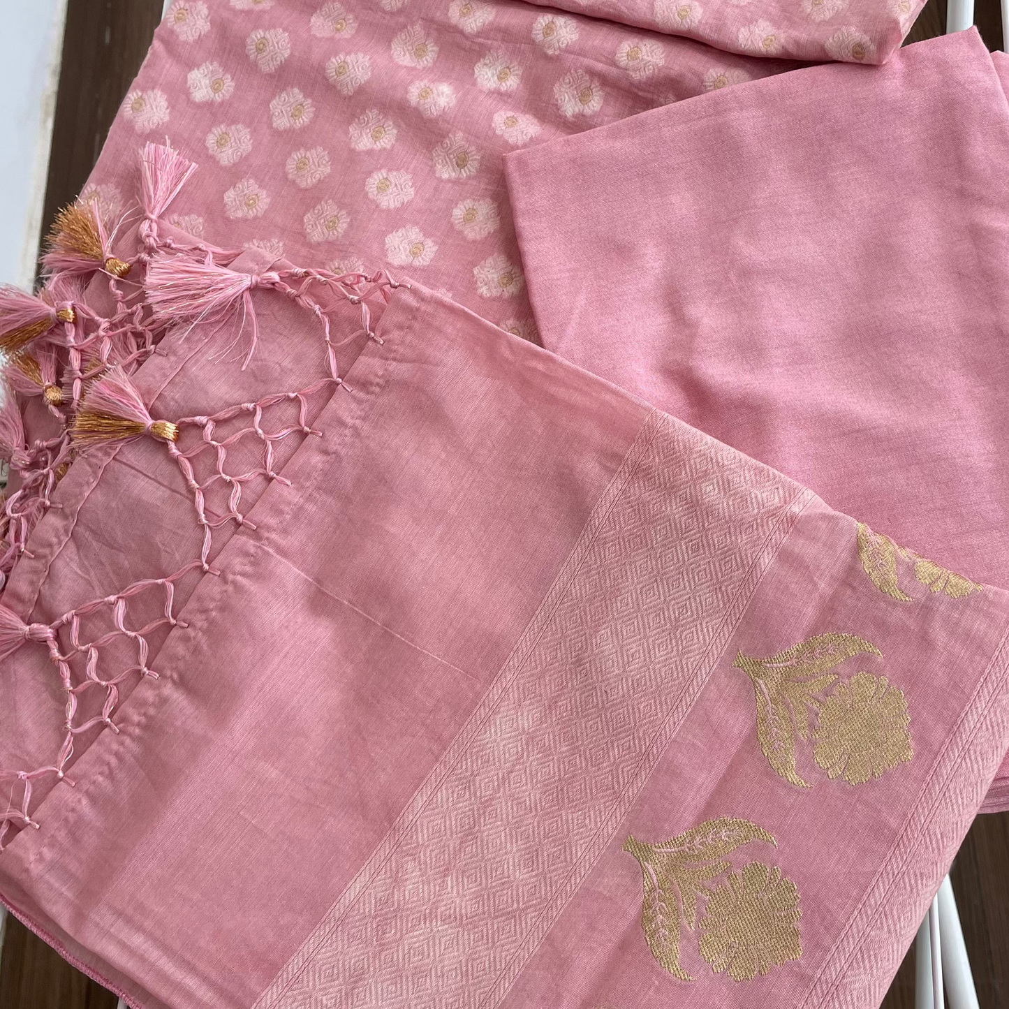 Chandrakala – Onion Pink Banarasi Mul Cotton Unstitched Suit Set