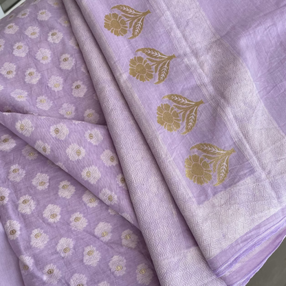 Chandrakala – Lavender Mist Banaras Mul Cotton Unstitched Suit Set