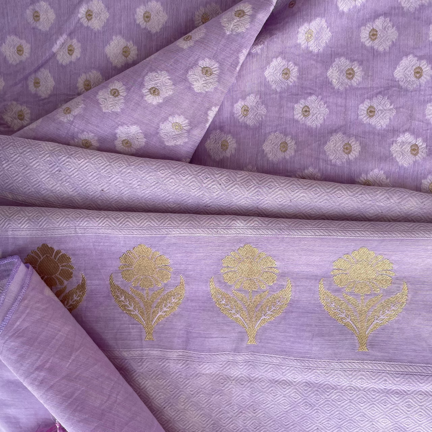 Chandrakala – Lavender Mist Banaras Mul Cotton Unstitched Suit Set
