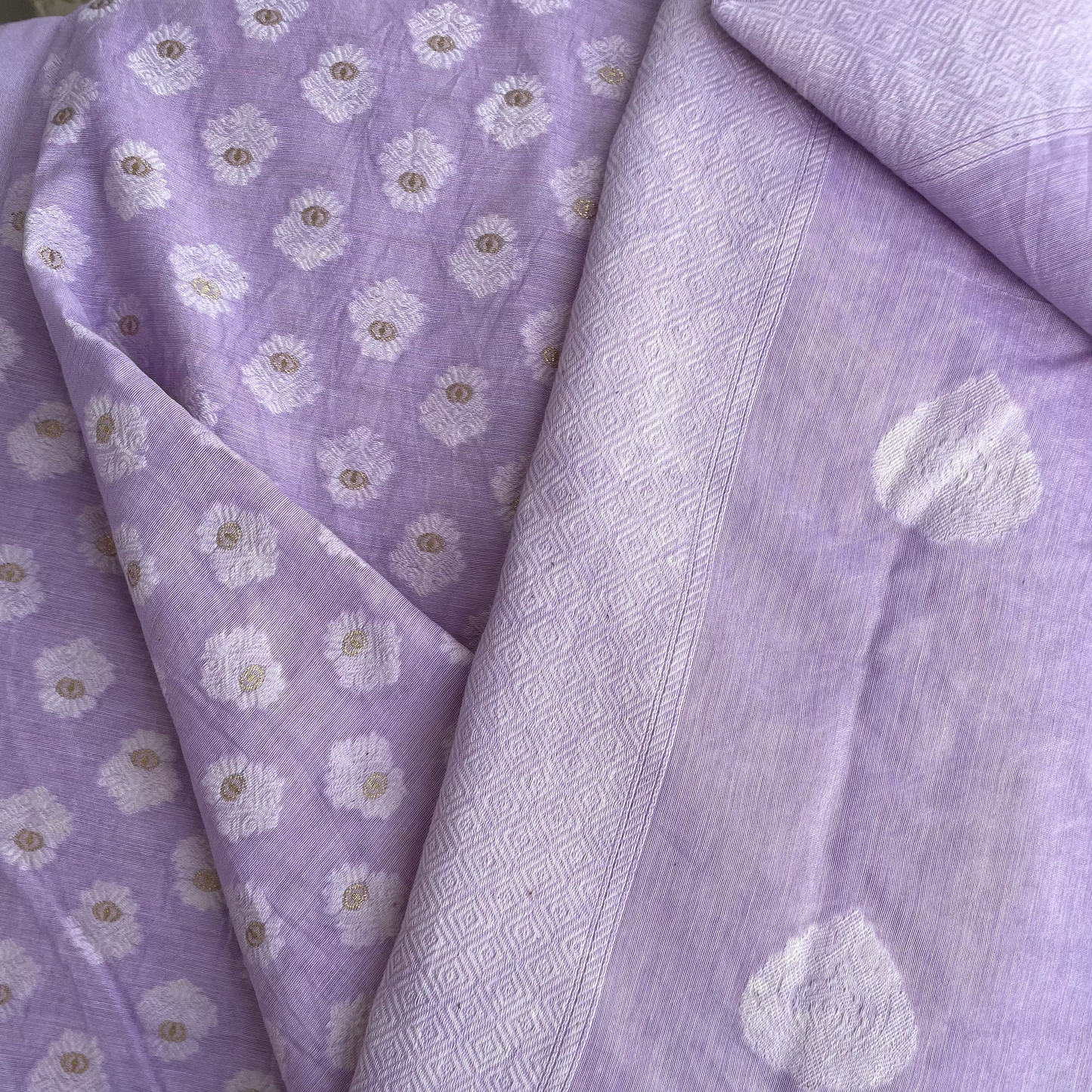 Chandrakala – Lavender Mist Banaras Mul Cotton Unstitched Suit Set